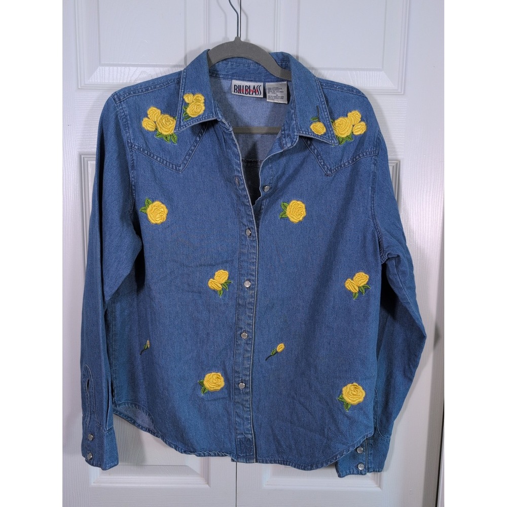 Vintage Bill Blass Denim Long Sleeve Shirt Embroidered Flowers Womens M